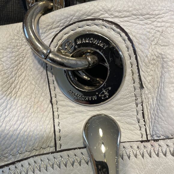 B. Makowsky Black White Silver‎ Large Leather Tote Hobo Handbag - Picture 3 of 9